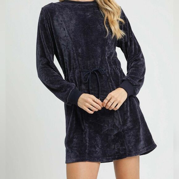 Comfy Fun Dark Blue Velour Dress Drawstring Waist & Pockets S M L - Picture 5 of 9